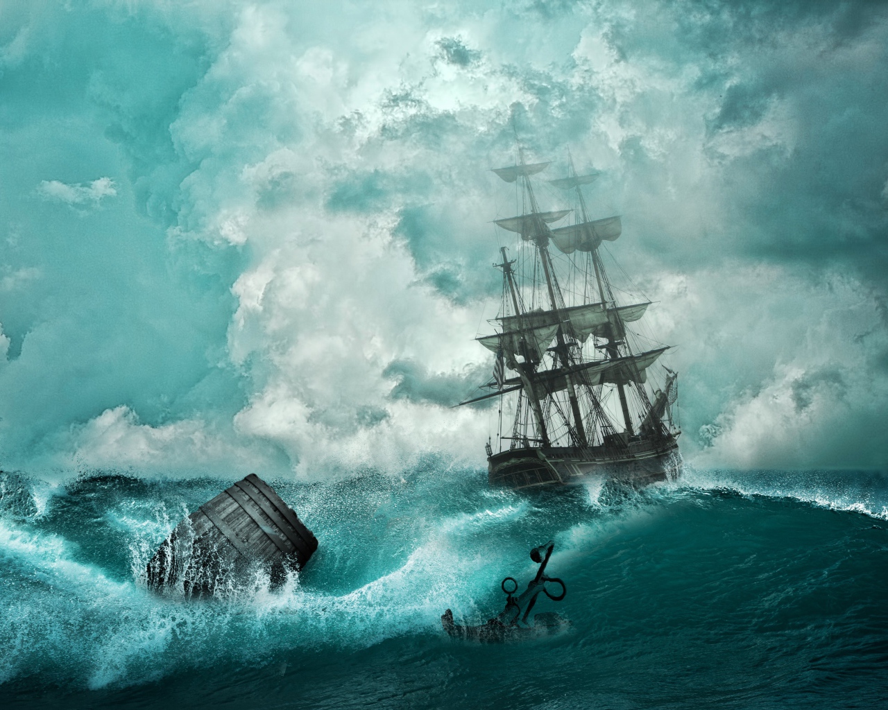 Пиратский корабль в бушующем океане во время шторма