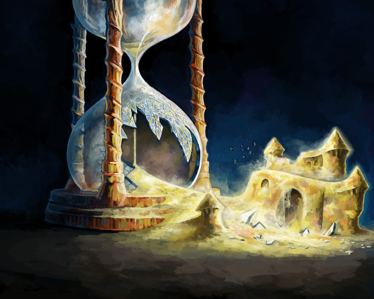 Разбитые песочные часы с замком из песка 