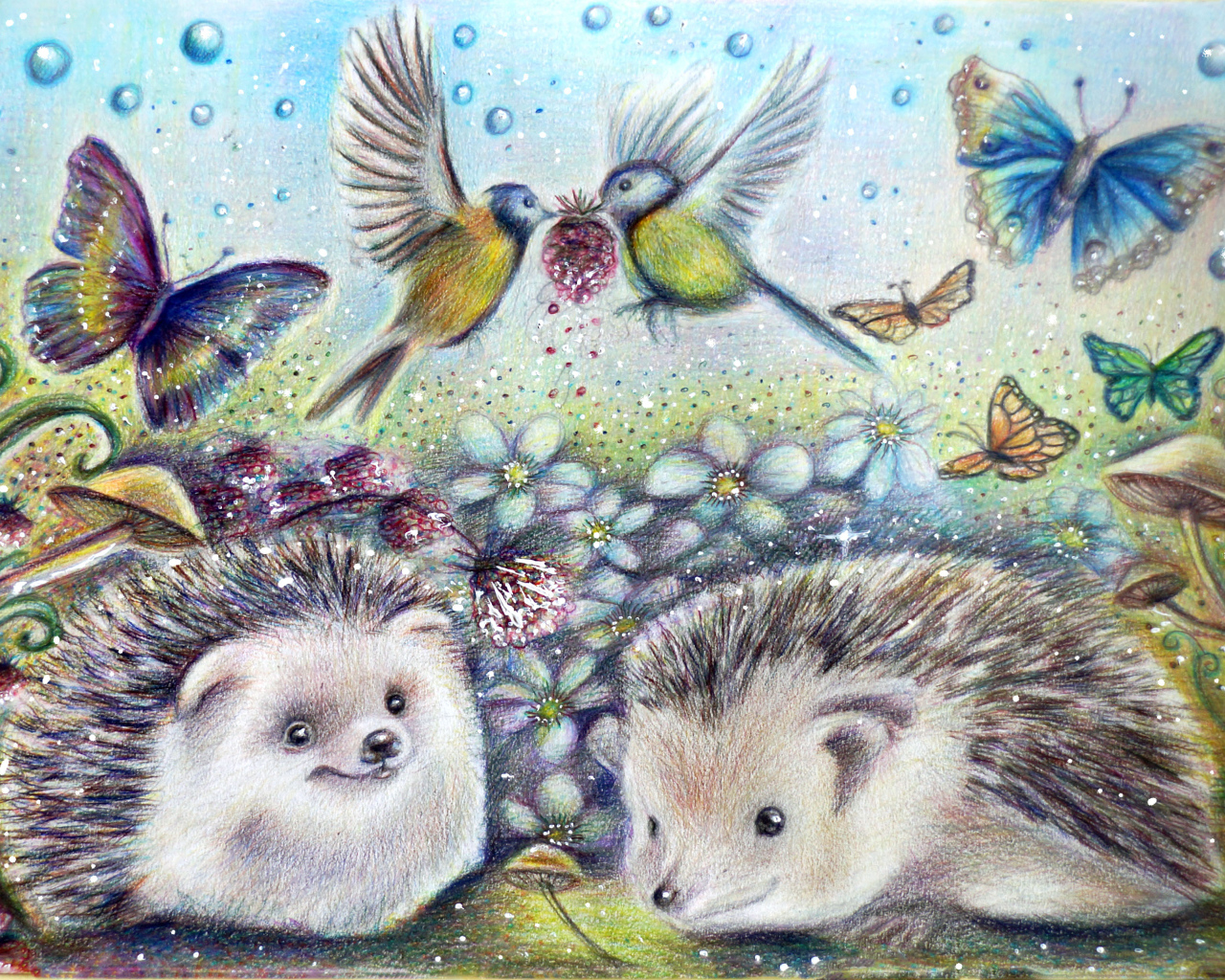 Нарисованные ежики с бабочками и птичками