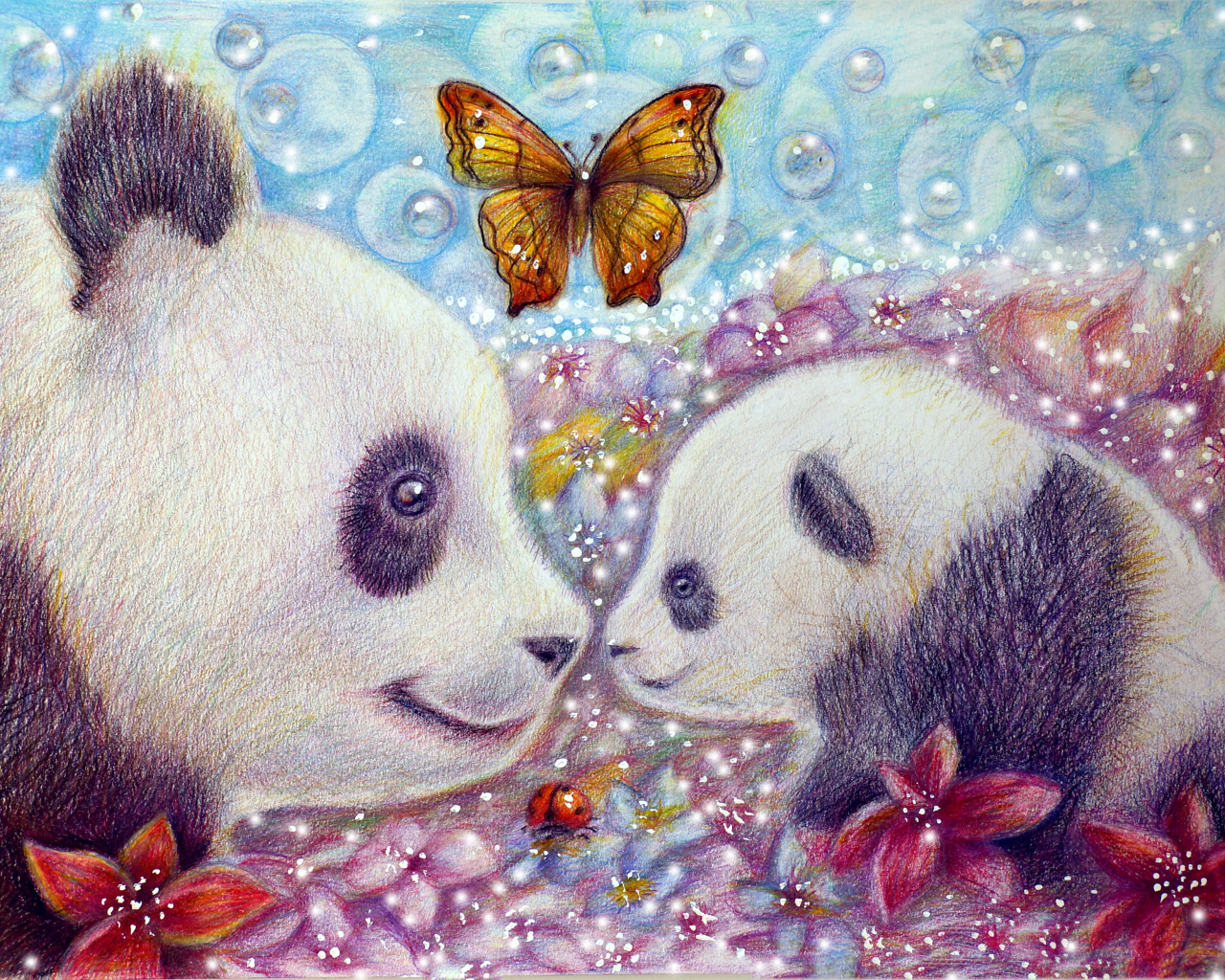 Большая медведица панда с маленьким медвежонком и бабочками
