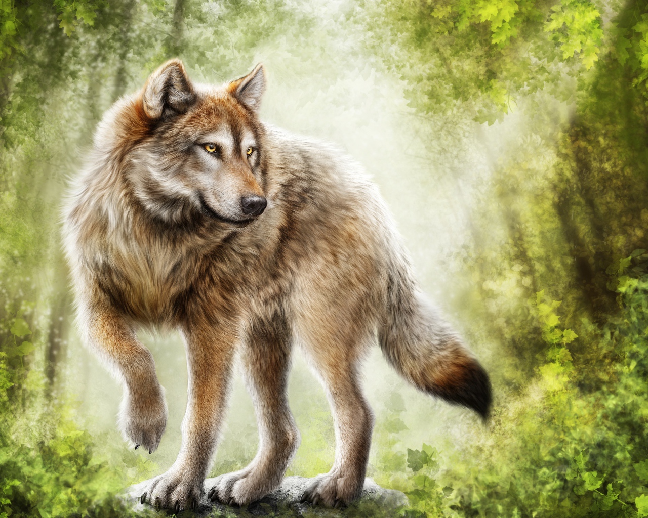 Painted big wolf stands in the woods