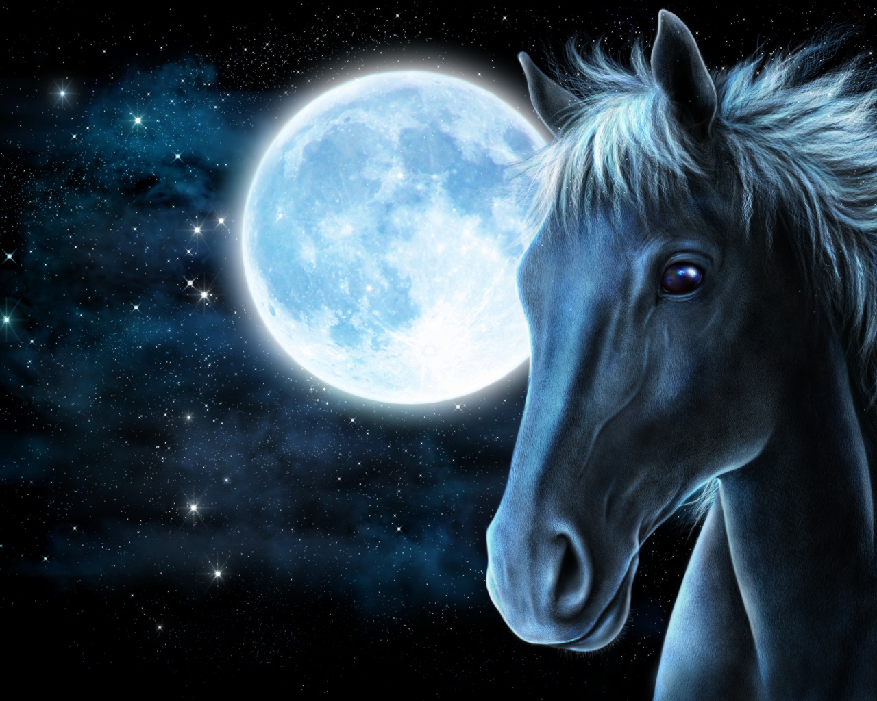 Painted horse in the background of a big bright moon