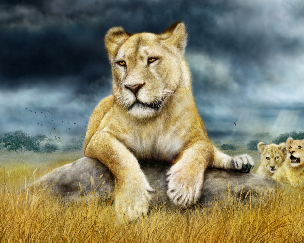 Нарисованная львица с маленькими львятами