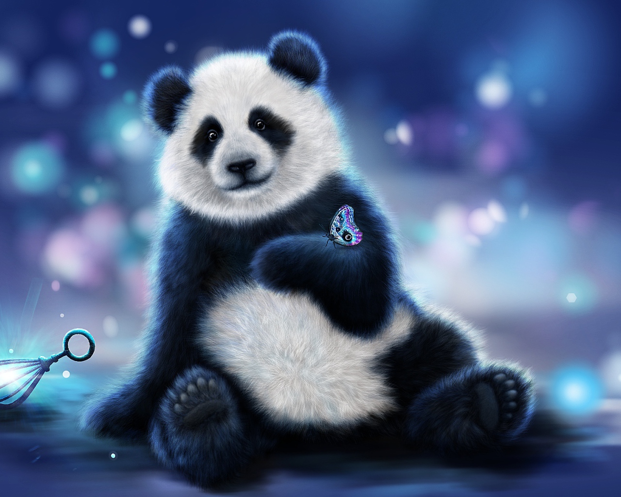 Нарисованный медведь панда с бабочкой на лапе