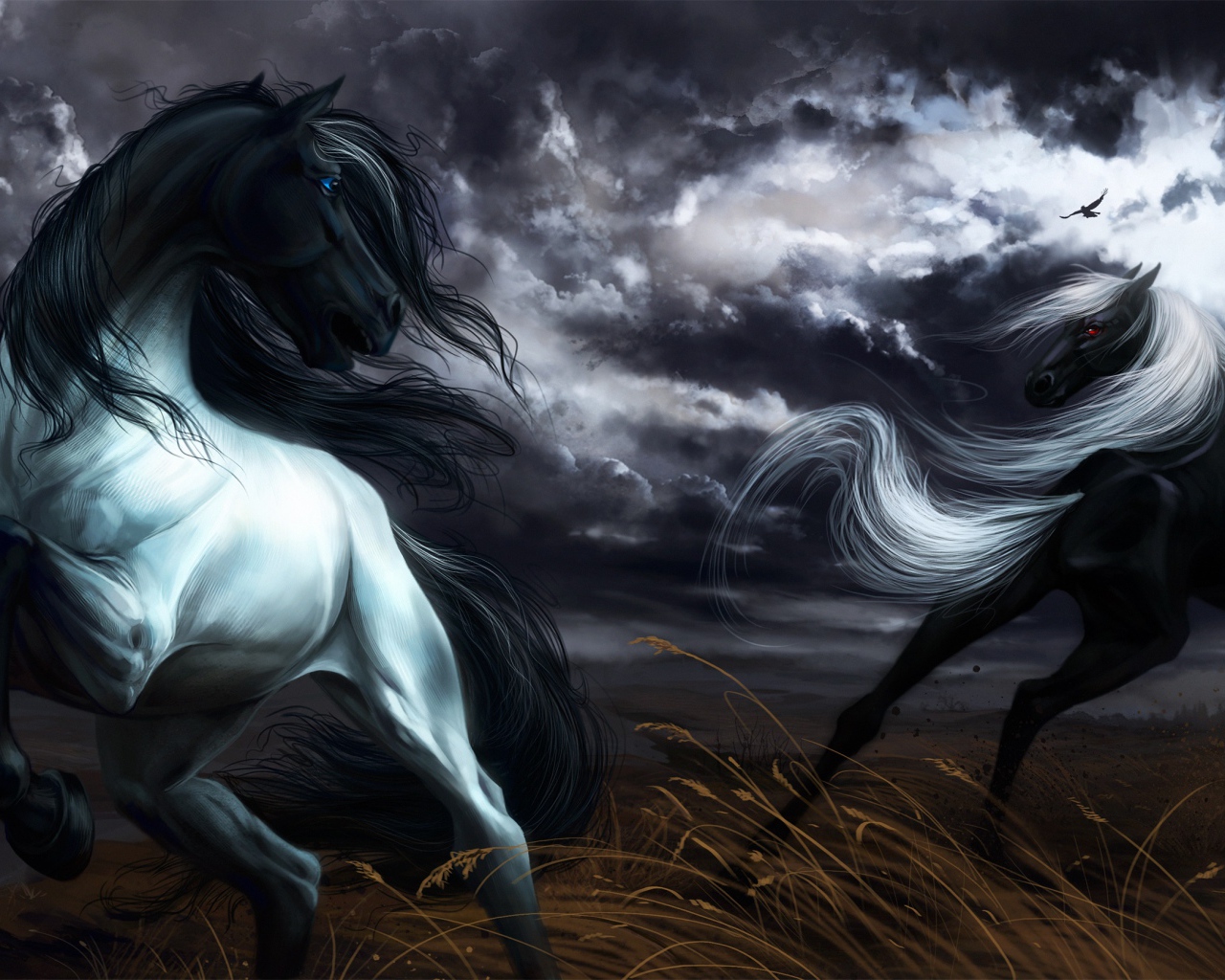 Две нарисованные черные лошади скачут под грозовым небом