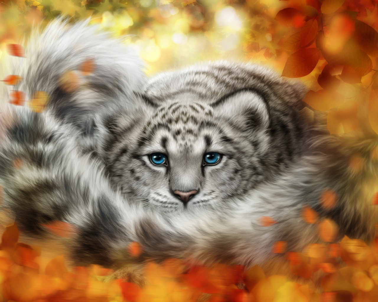 Детеныш снежного барса в желтых листьях, рисунок
