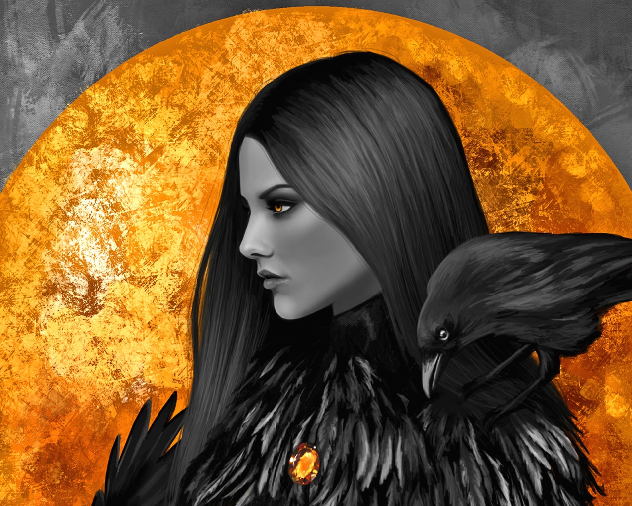 Девушка с желтыми глазами и вороном на плече на фоне большой луны 