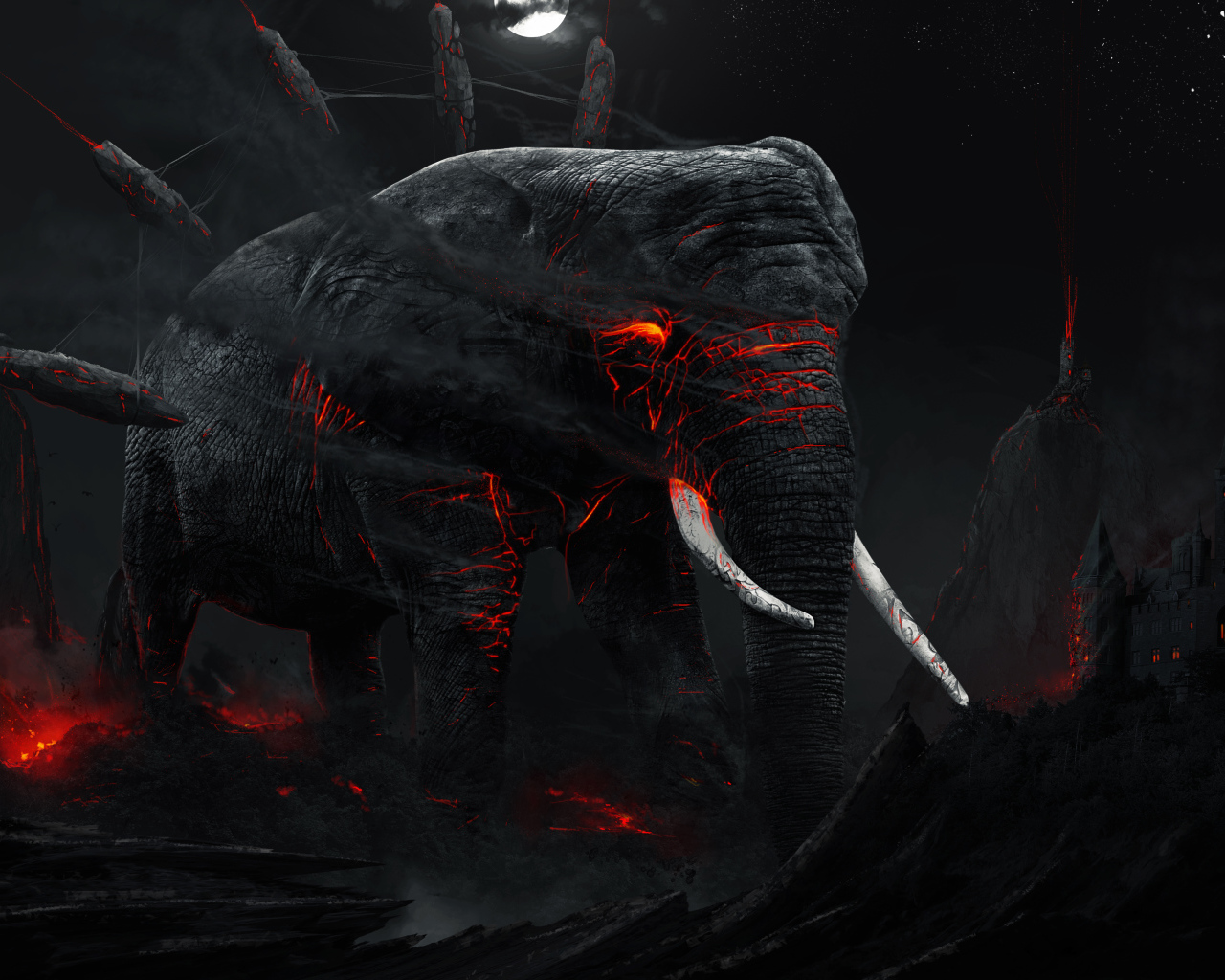 Большой черный слон с магмой внутри в разрушенном городе