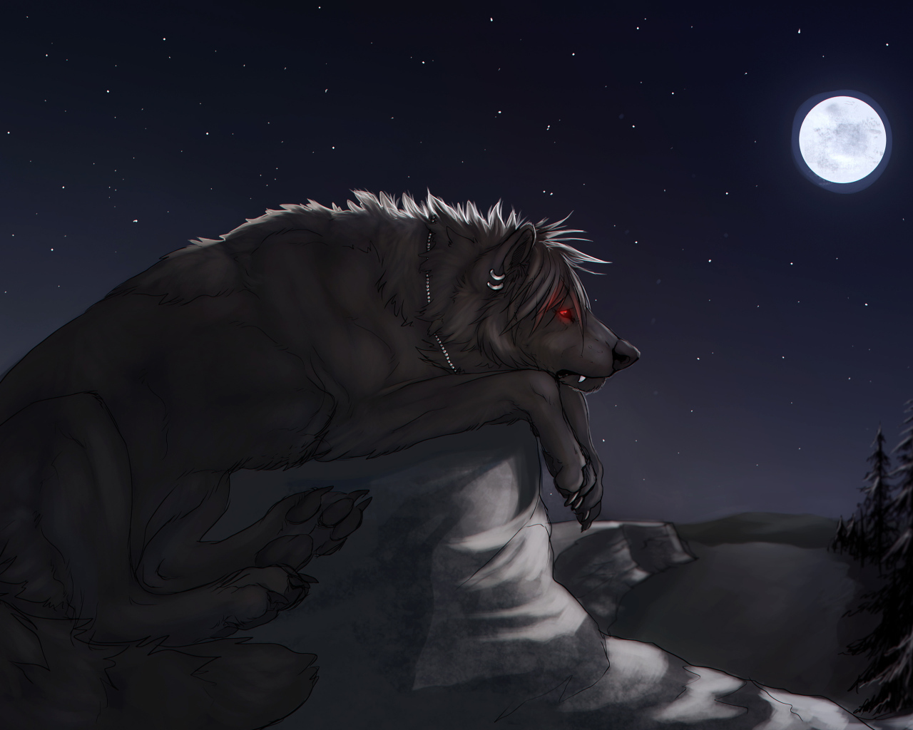 Большой черный волк на камне под луной