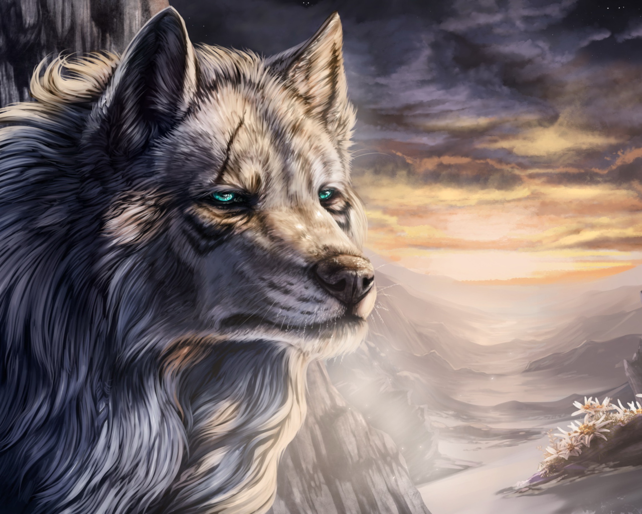 Большой фантастический волк с зелеными глазами