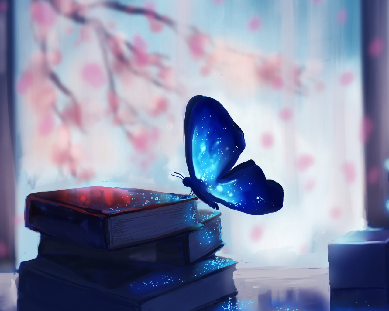 Голубая волшебная бабочка сидит на книгах