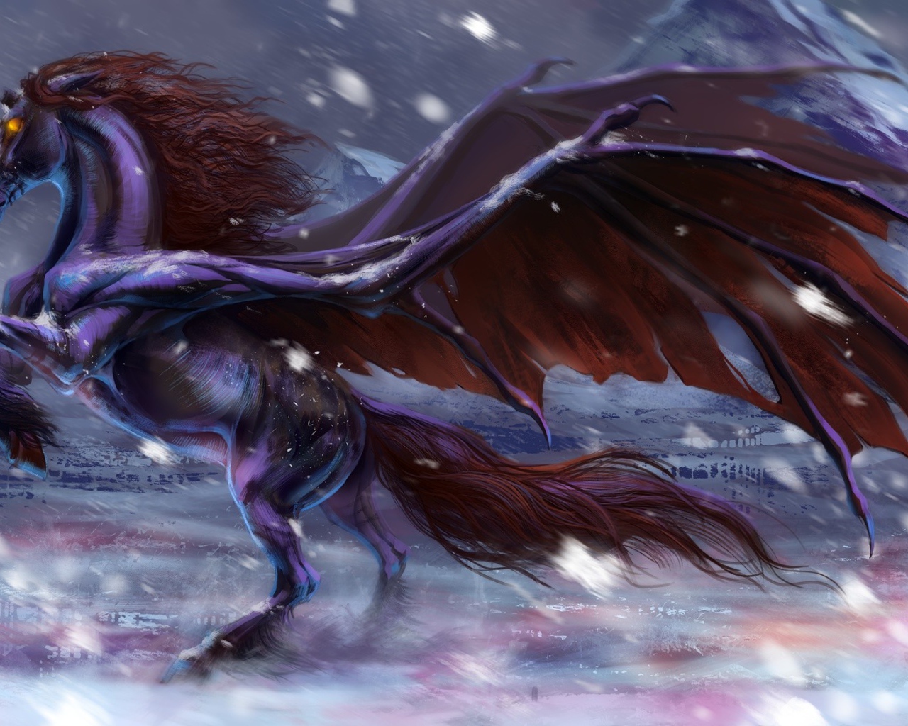 Фантастический черный конь с крыльями 