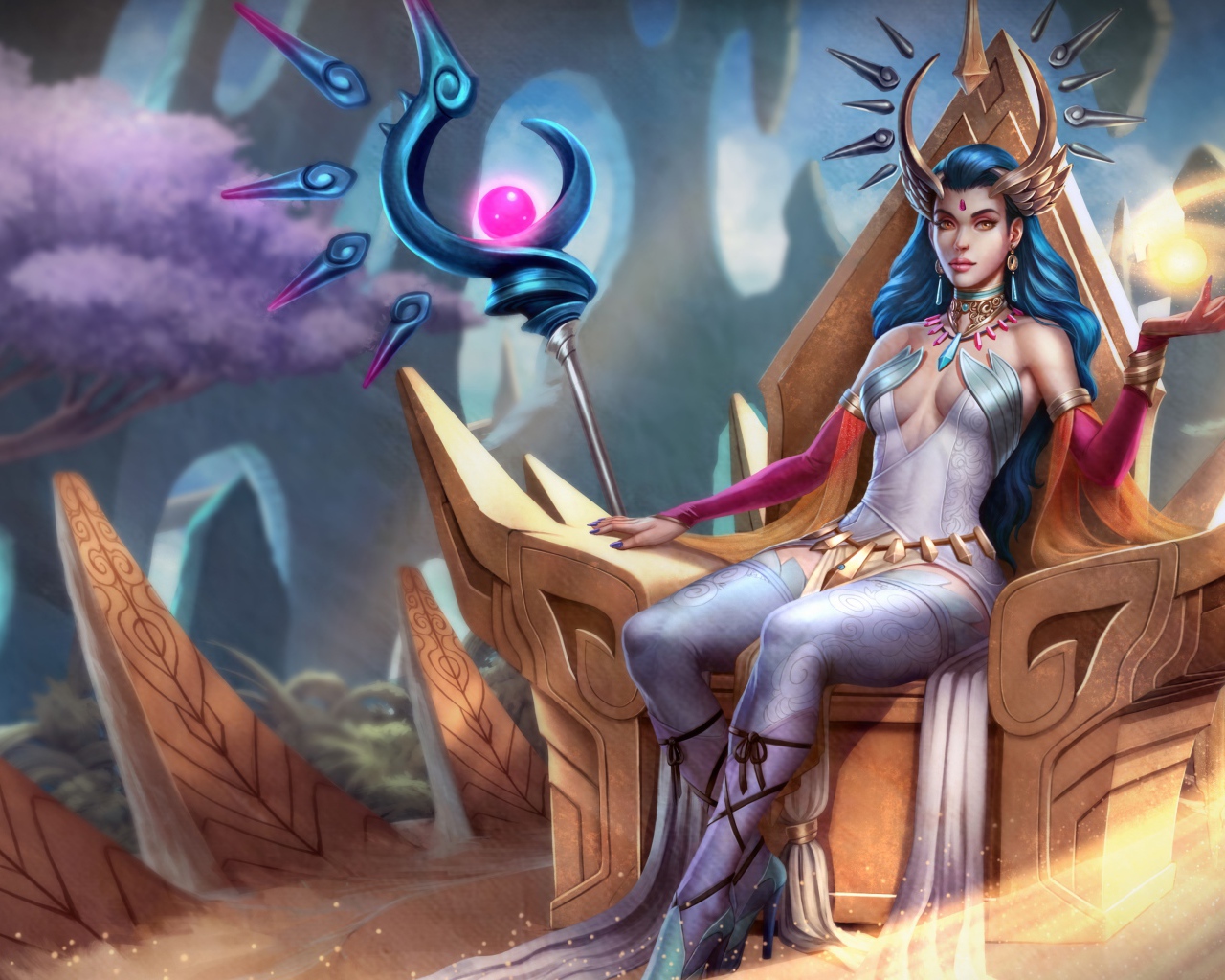 Фантастическая девушка маг сидит на троне