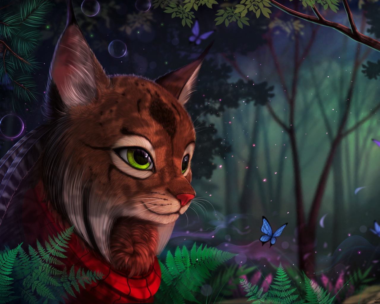 Фантастическая волшебная рысь в лесу с бабочками