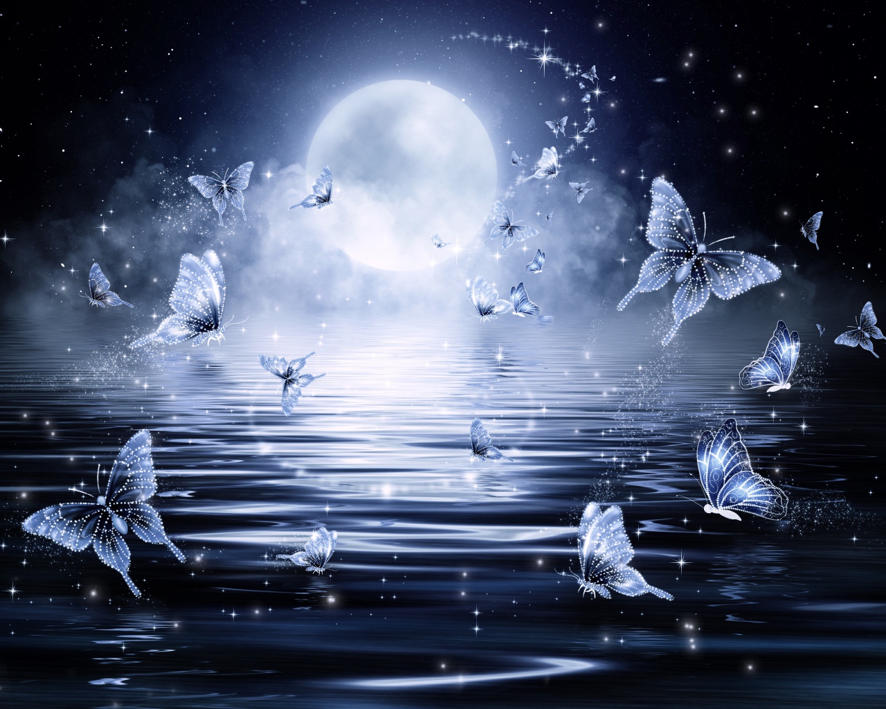 Фантастические неоновые голубые бабочки на фоне луны