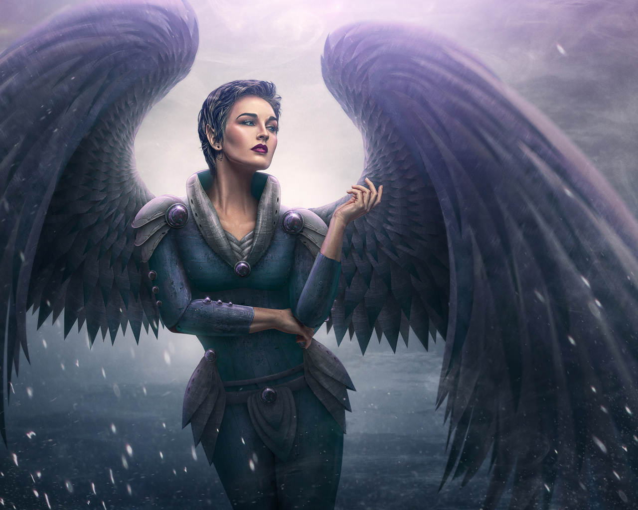 Фэтнези девушка ангел с большими черными крыльями