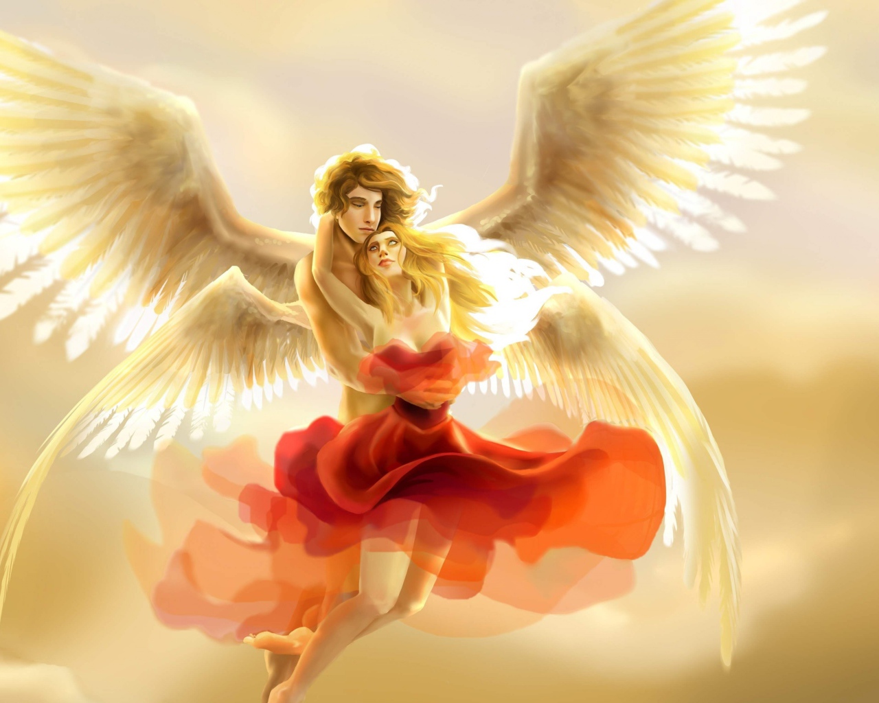 Влюбленная пара ангелов в небе