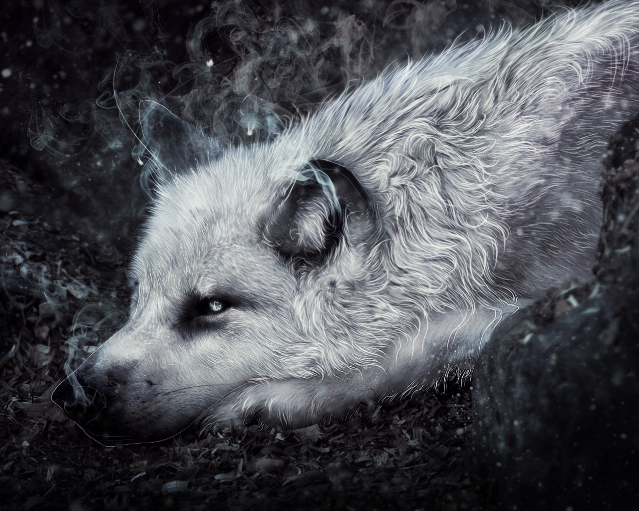 Фантастический волк лежит на земле