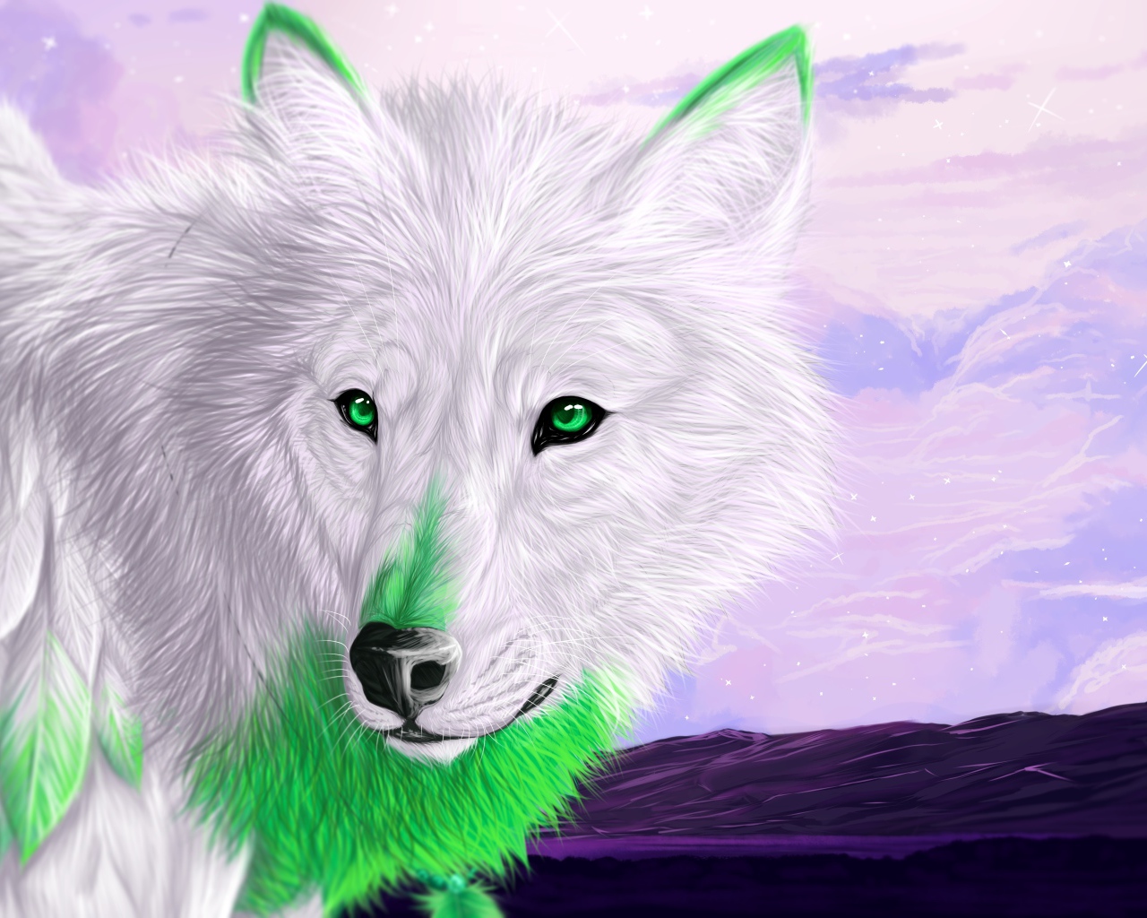 Белый волк с зелеными глазами