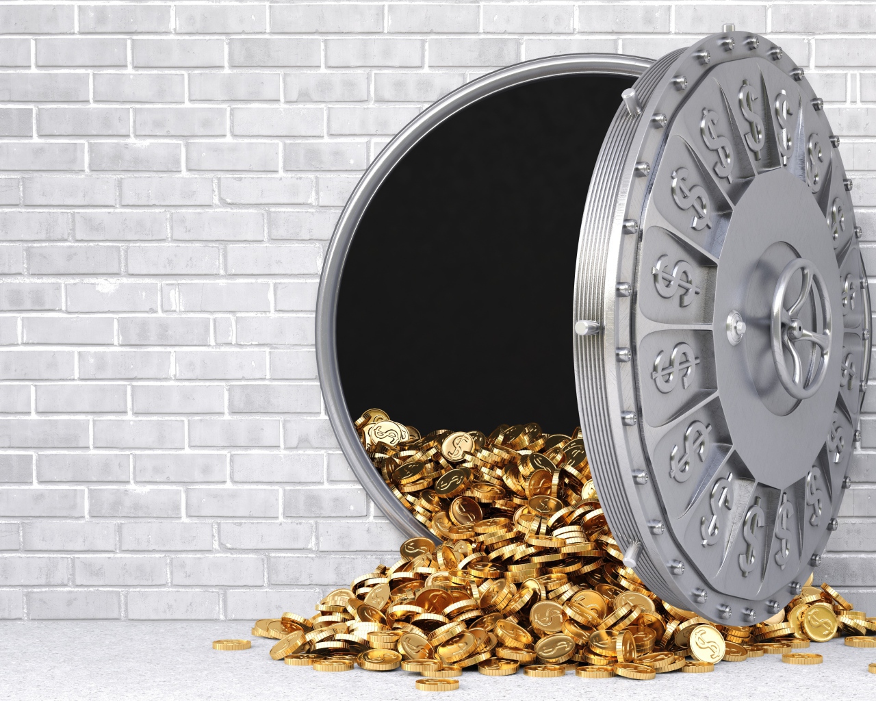 Gold coins fall out of the safe in a gray wall
