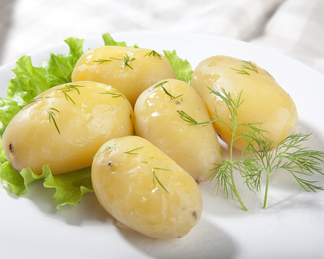 Вареный картофель с листом салата и зеленью на белой тарелке