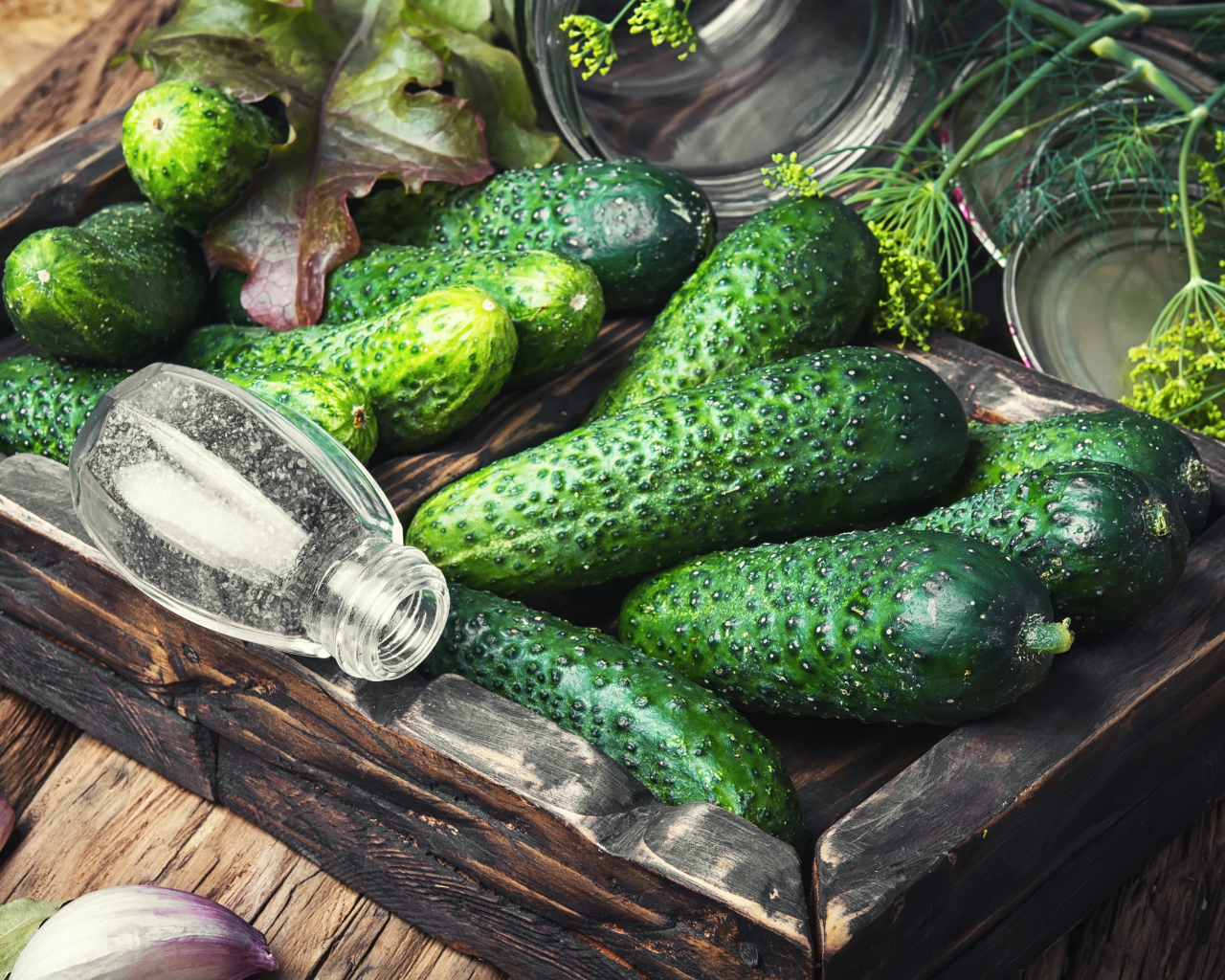 Свежие зеленые огурцы со специями на столе