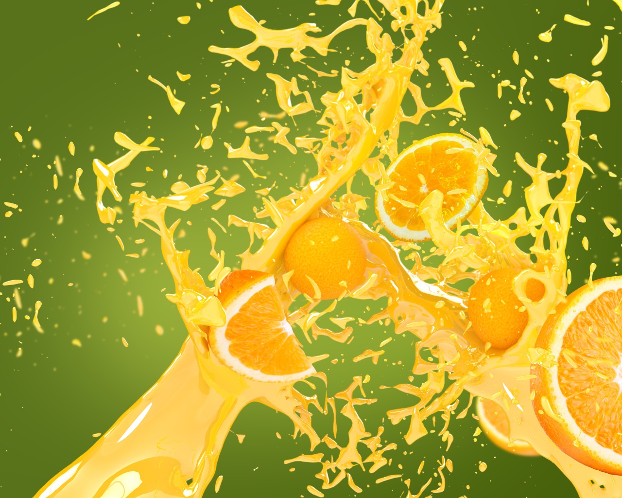 Кусочки апельсина в брызгах сока на зеленом фоне