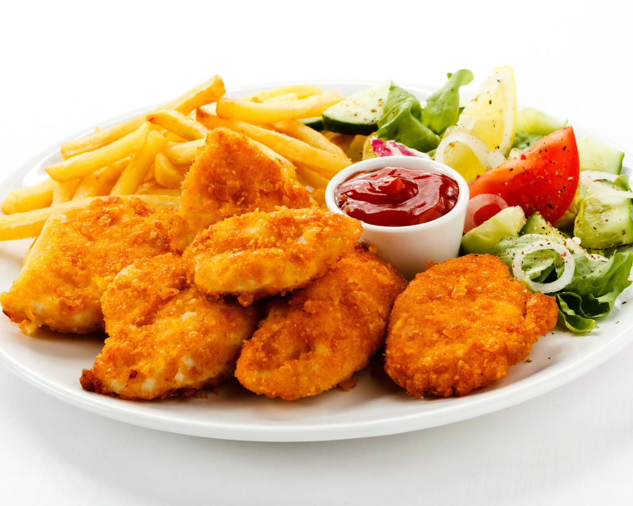 Chicken Nuggets With Ketchup French Fries And Salad On A White