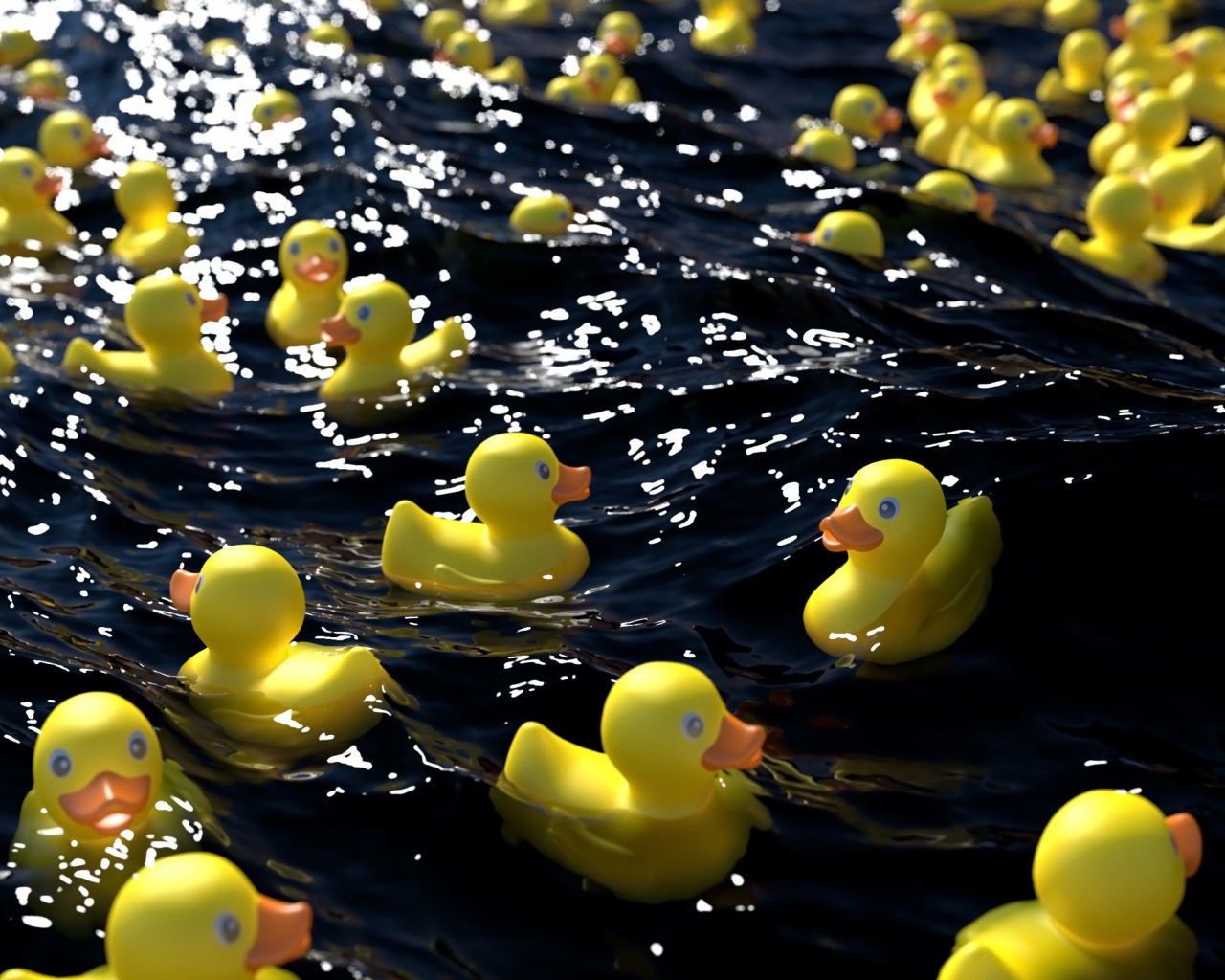 Много желтых резиновых уточек в воде