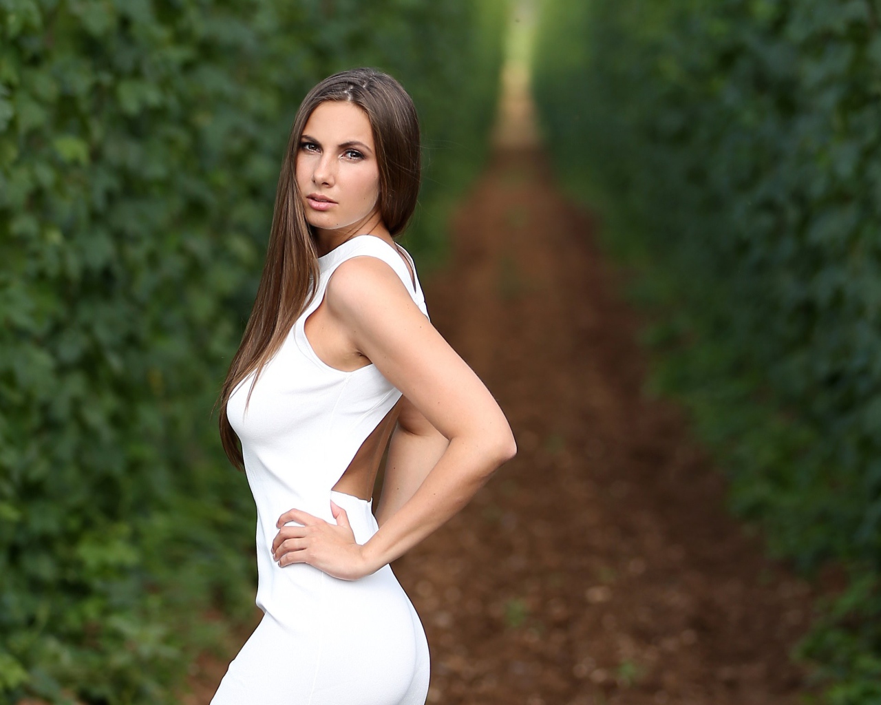 Красивая молодая девушка с длинными волосами в белом платье