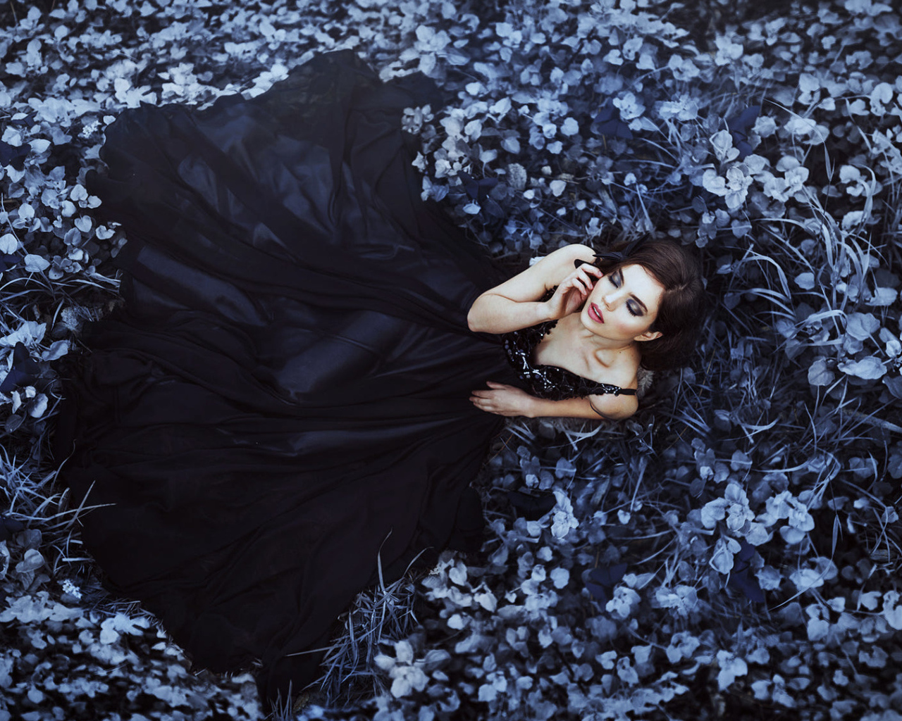 Молодая девушка модель с красивом черном платье лежит на траве