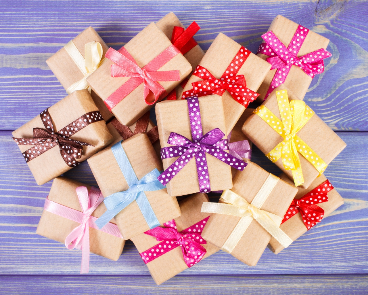 Gift boxes with multi-colored ribbons