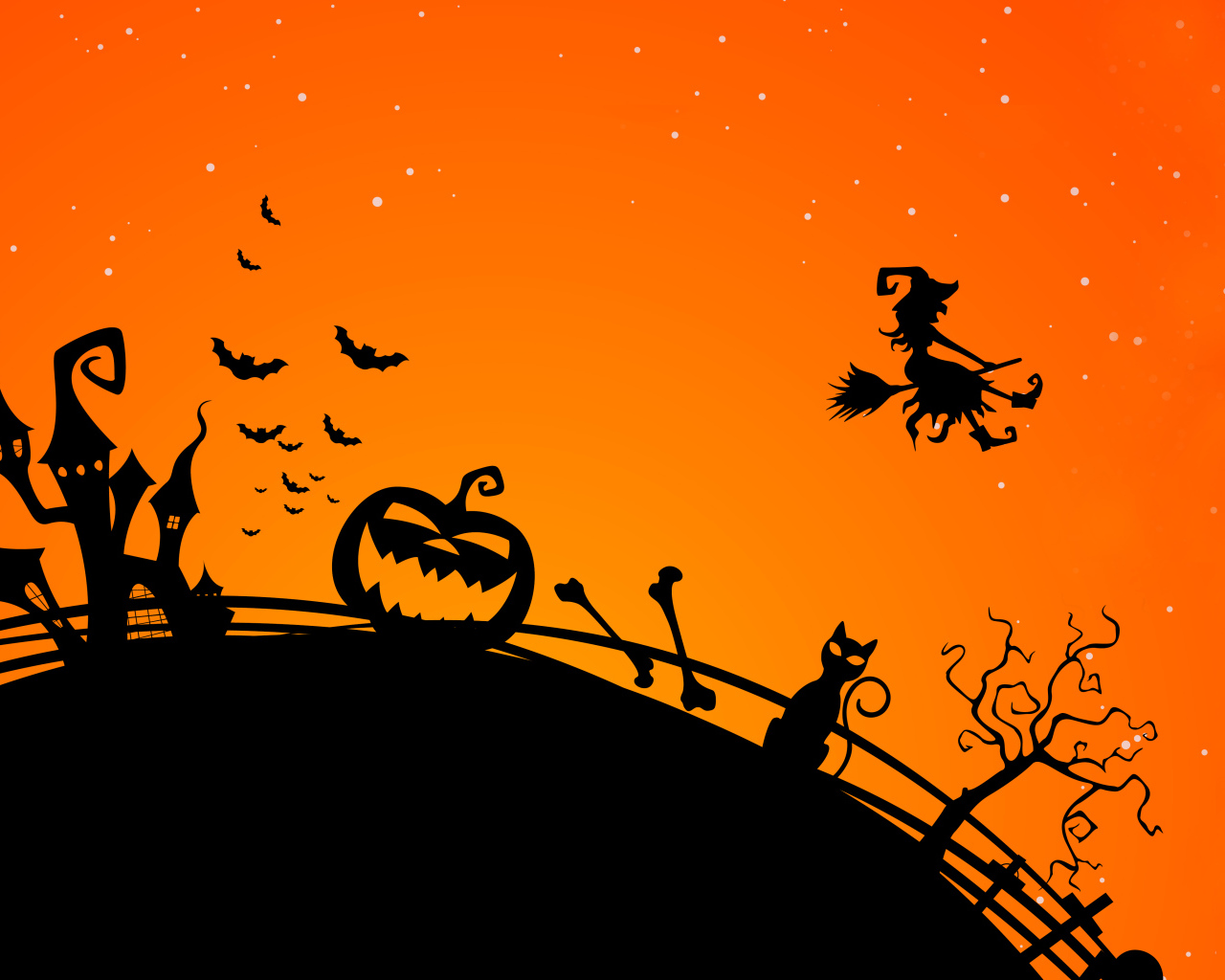 Черная тыква, замок и летящая ведьма на оранжевом фоне праздник Хэллоуин