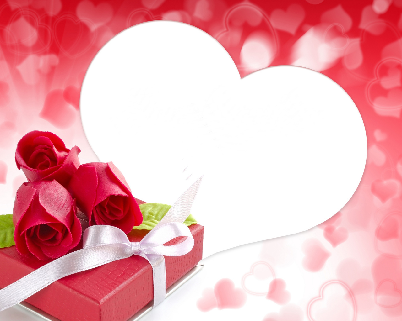 Большое белое сердце с розами и подарком, Шаблон поздравительной открытки на День Святого Валентина