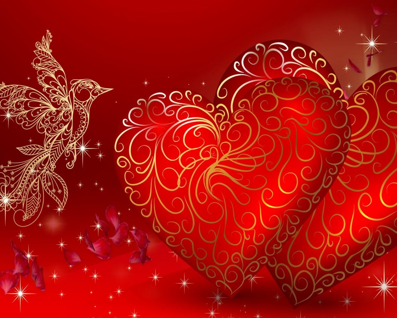 Два сердца и волшебная птица открытка на День Влюбленных 