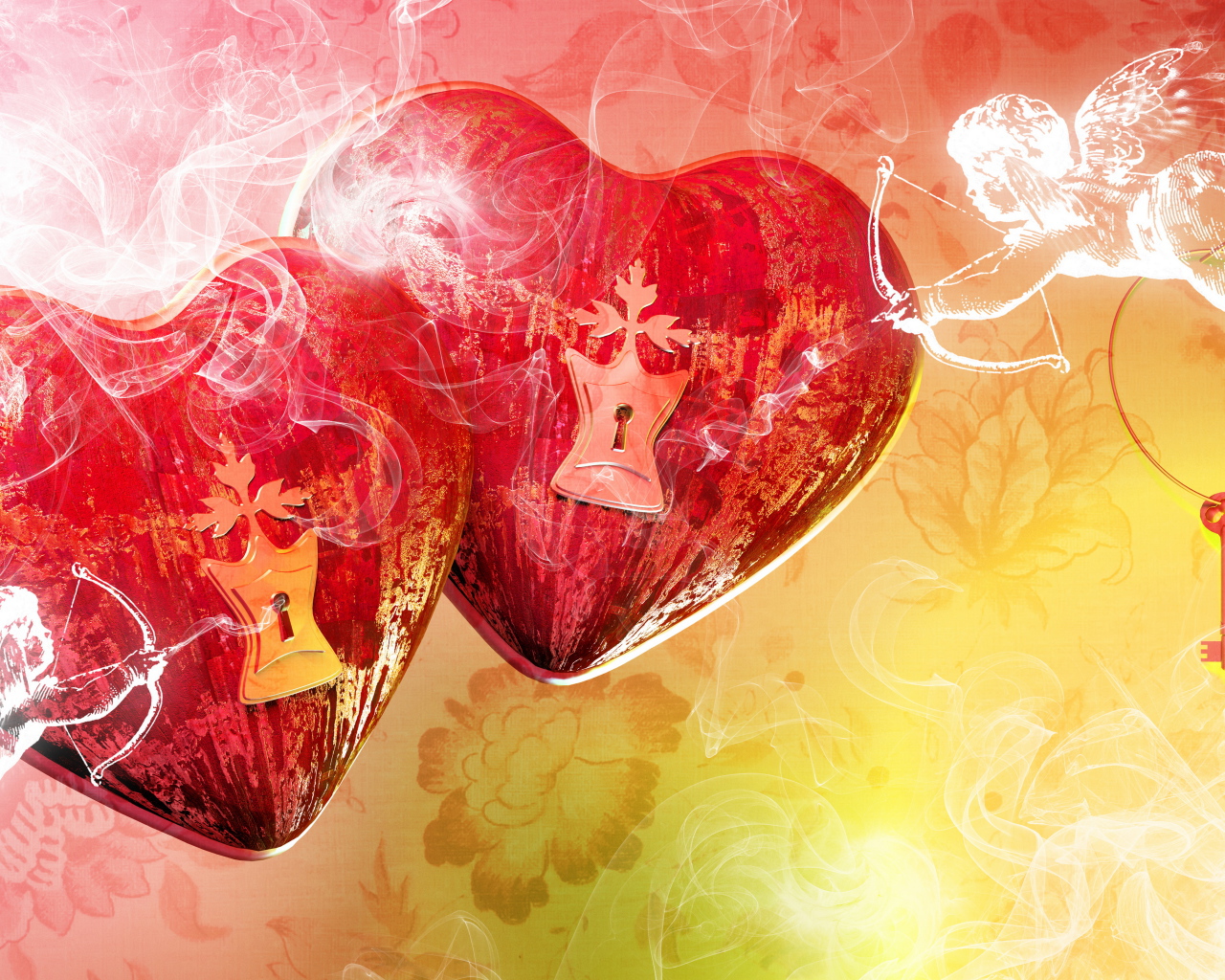 Два больших красных сердца с замочными скважинами и купидонами