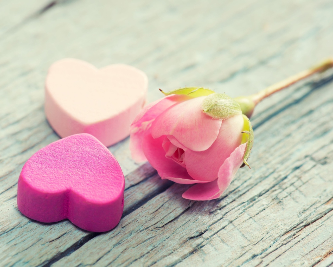 Два розовых сердца и розовая роза лежат на деревянной поверхности