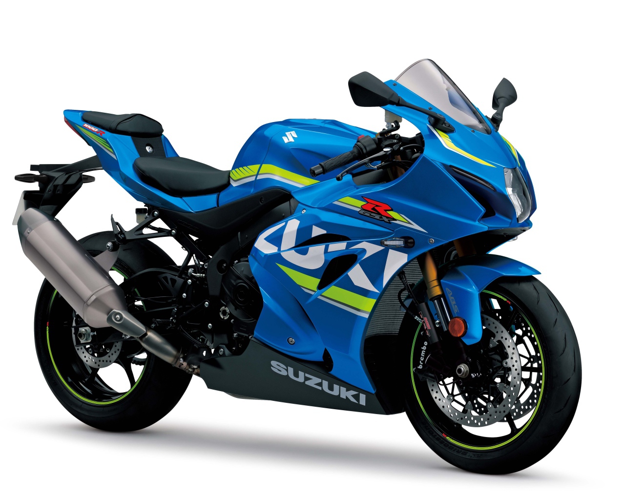 Синий мотоцикл Suzuki GSX-R1000, 2017 на белом фоне