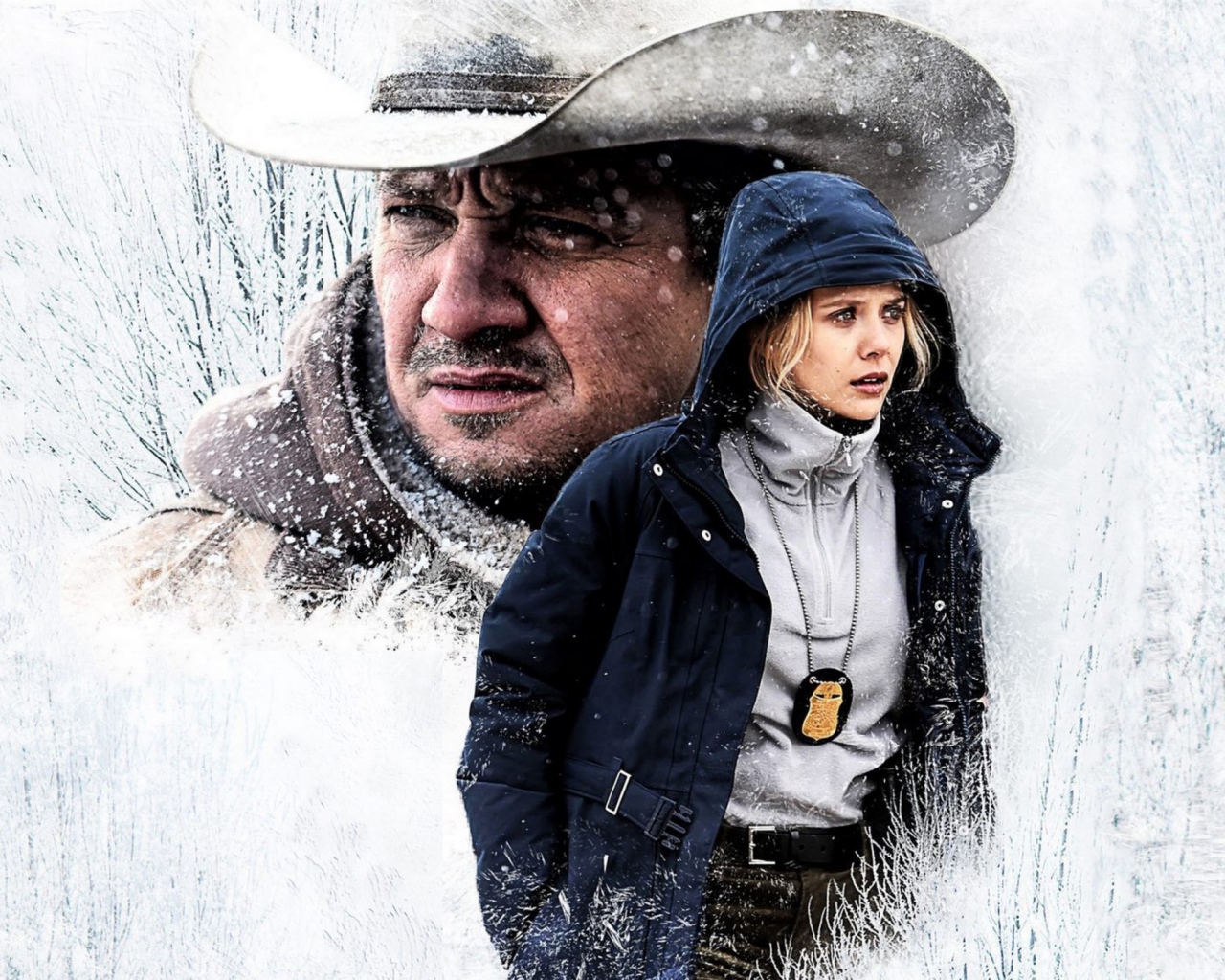 Актеры Элизабет Олсен и Джереми Реннер в фильме Ветреная река, 2017