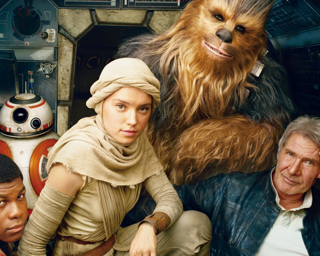 BB-8, Чубакка, Хан Соло, Рей, Финн персонажи фильма Звёздные войны. Эпизод VII Пробуждение Силы 