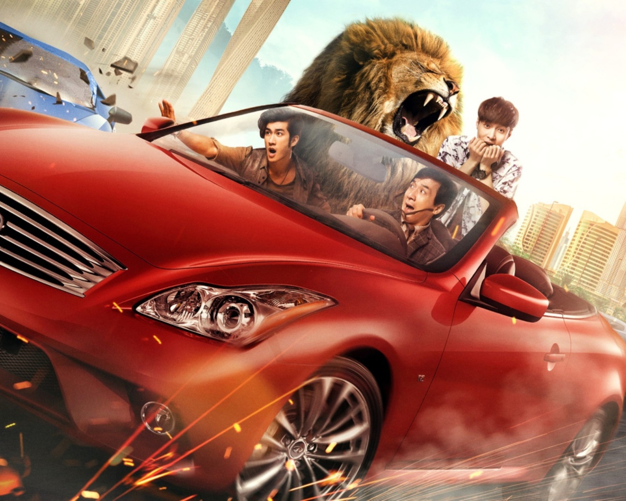 Герои фильма Кунг-фу йога 2017 на красном автомобиле  