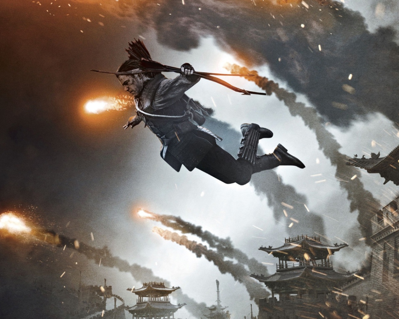 Прыжок главного героя со стены фильм Великая стена 