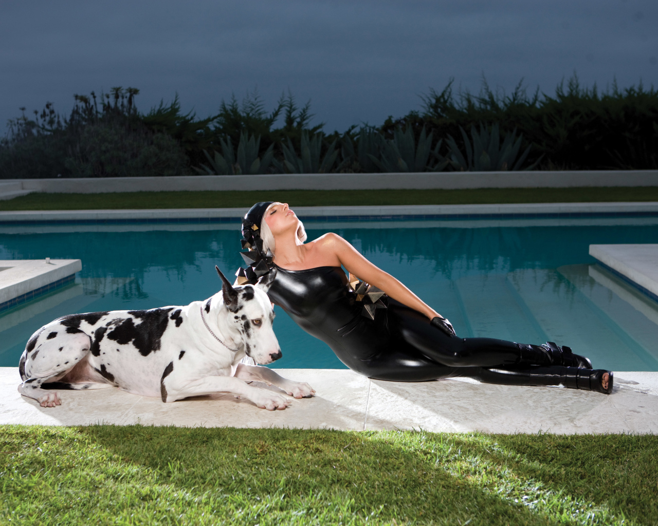 Американская певица Леди Гага с собакой у бассейна 