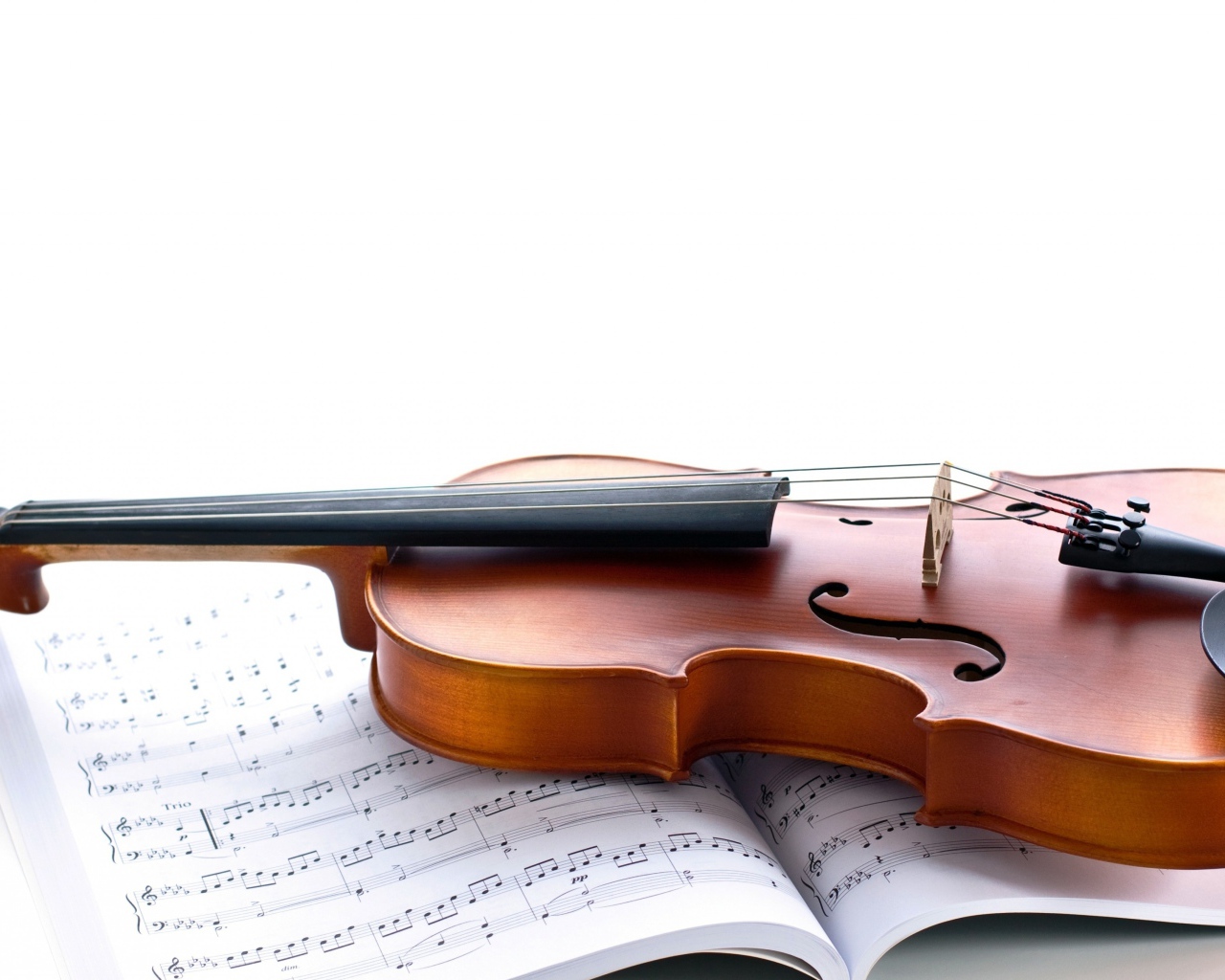 Скрипка лежит на нотах на белом фоне