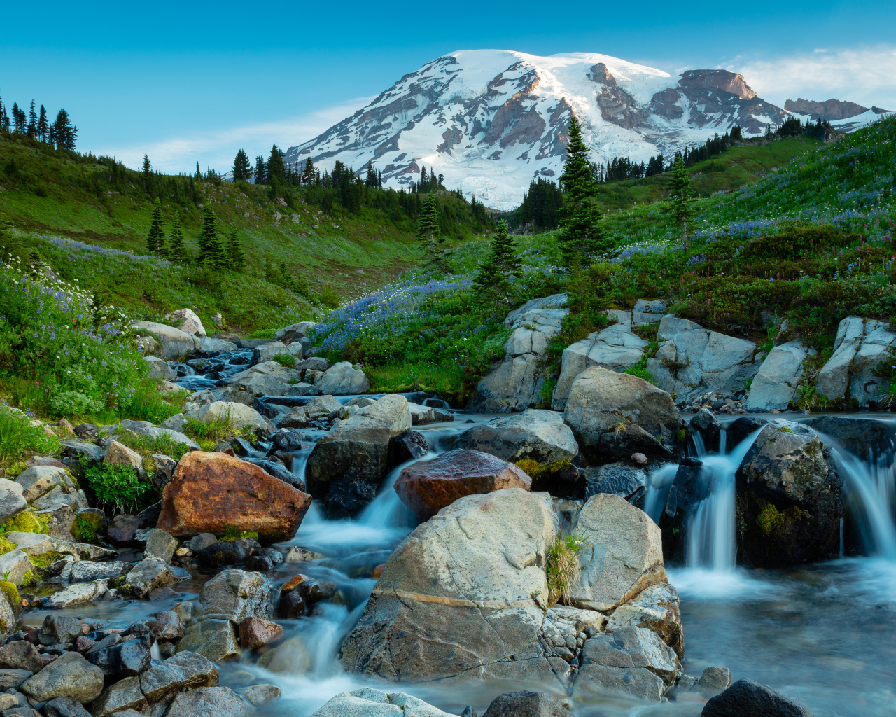 Живописный ручей течет по камням на фоне горы
