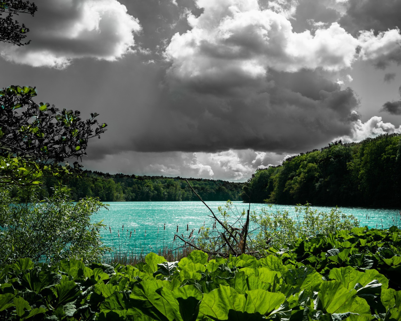 Голубая вода в озере на фоне дождевых облаков 