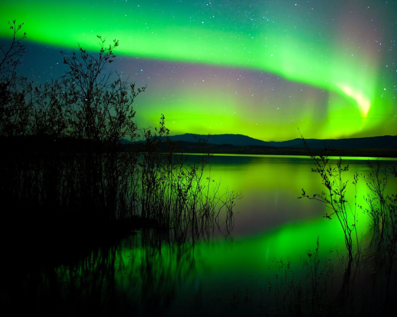 Зеленое северное сияние отражается в воде пруда