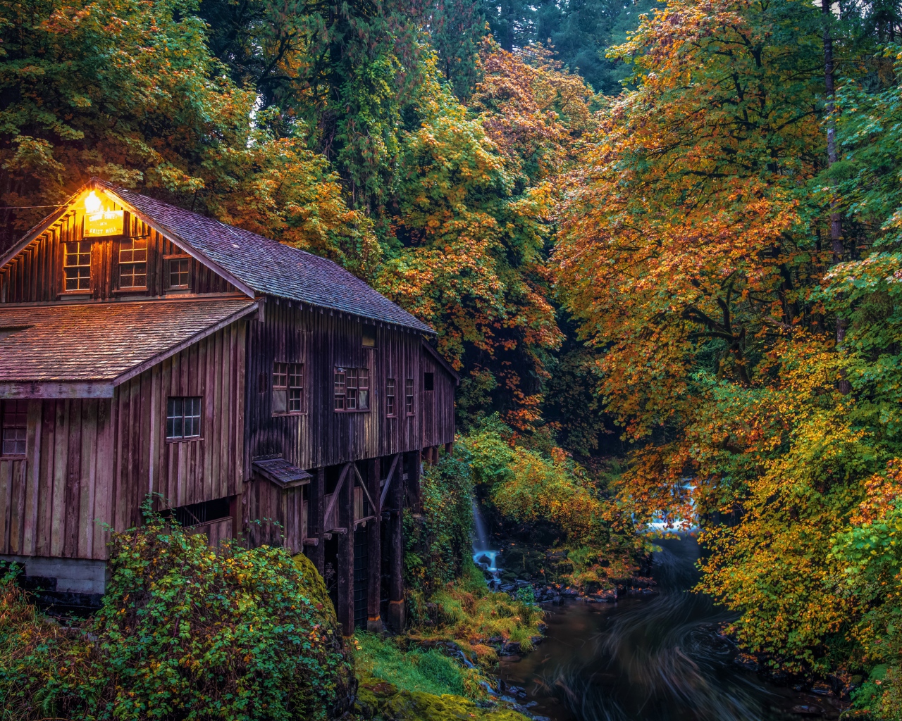 Водяная мельница в осеннем лесу