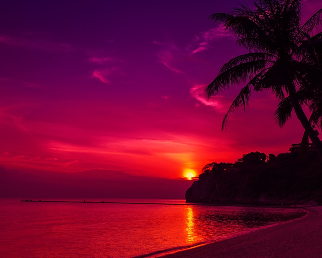 Пальмы на пляже под розовым закатом 