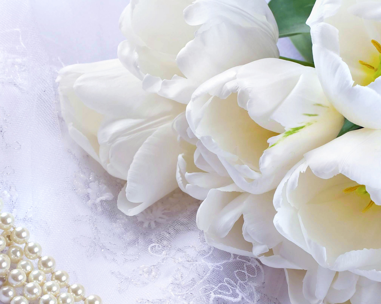 Букет нежных белых тюльпанов и жемчужное ожерелье 